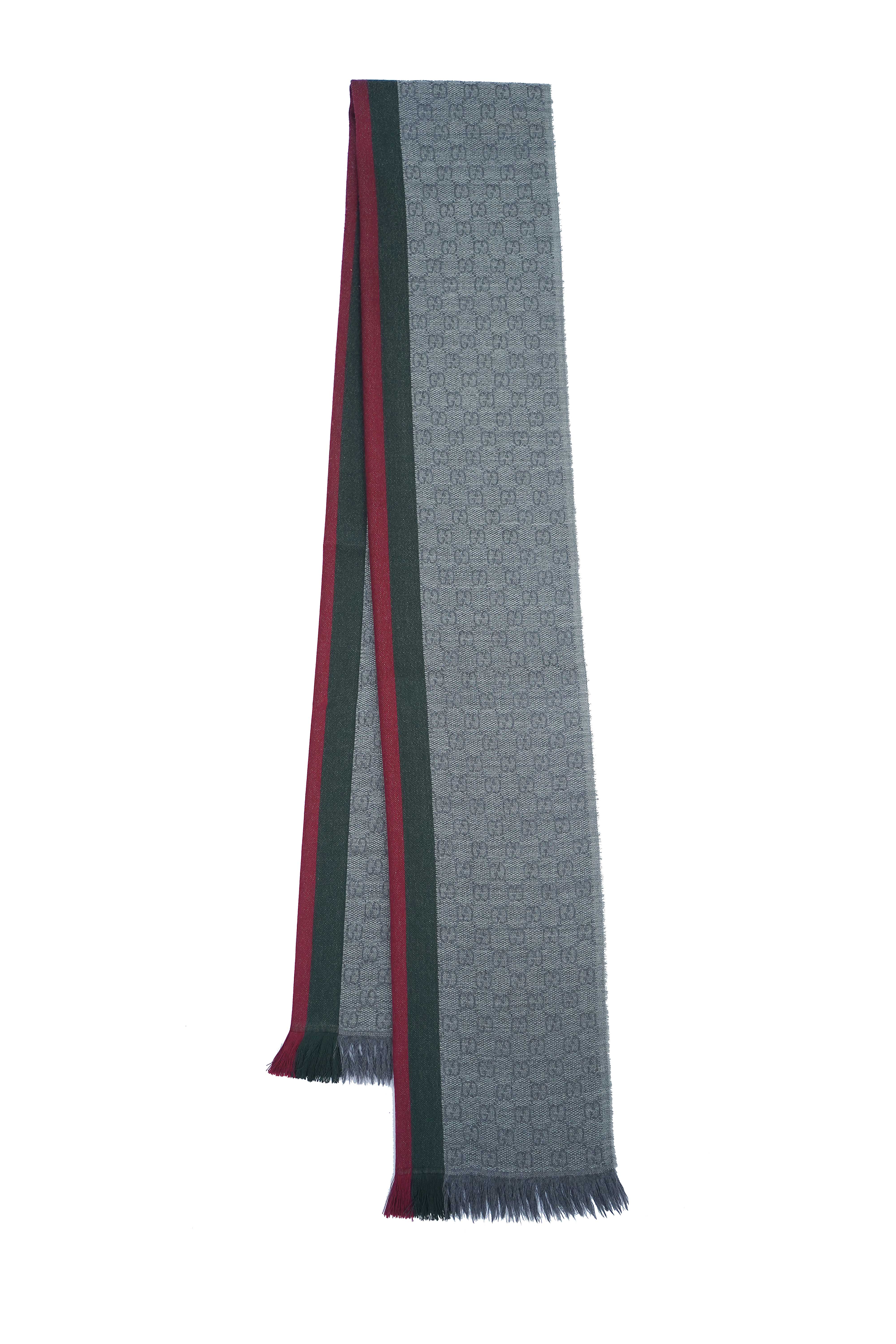 Gucci Grey Red Green Band Wool Silk Scarf (Pre-owned)